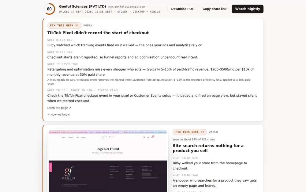 A Bilby finding: site search returned a Page Not Found, with the screenshot beside it.
